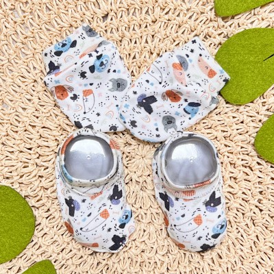  Kit Luva e Pantufas - Cachorrinhos - Azul Jeans e Branco